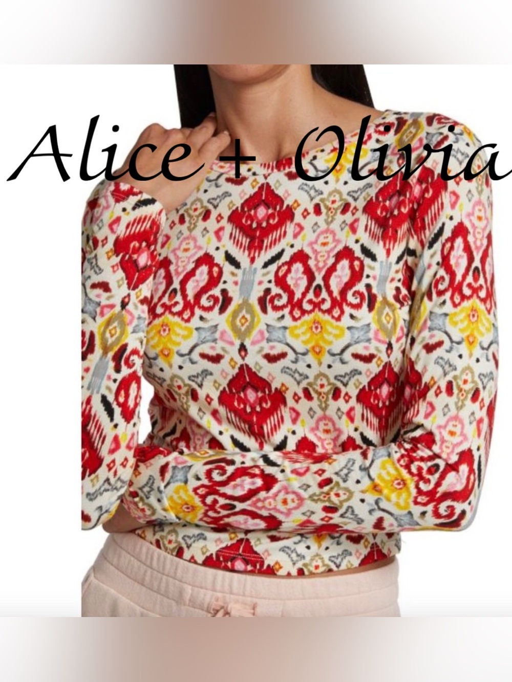 Alice + Olivia Red, Yellow & Cream Ikat-Print Long Sleeve Top